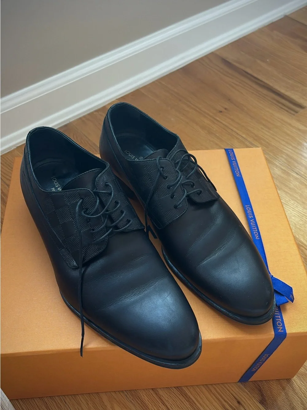 Louis Vuitton Black Derby Dress Shoes with Monogram Check Panels